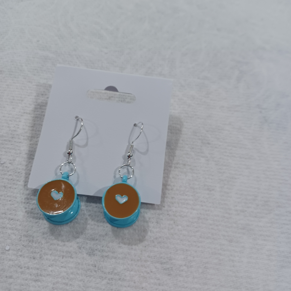 Coffee Mug Heart Charm Blue Gold Earrings